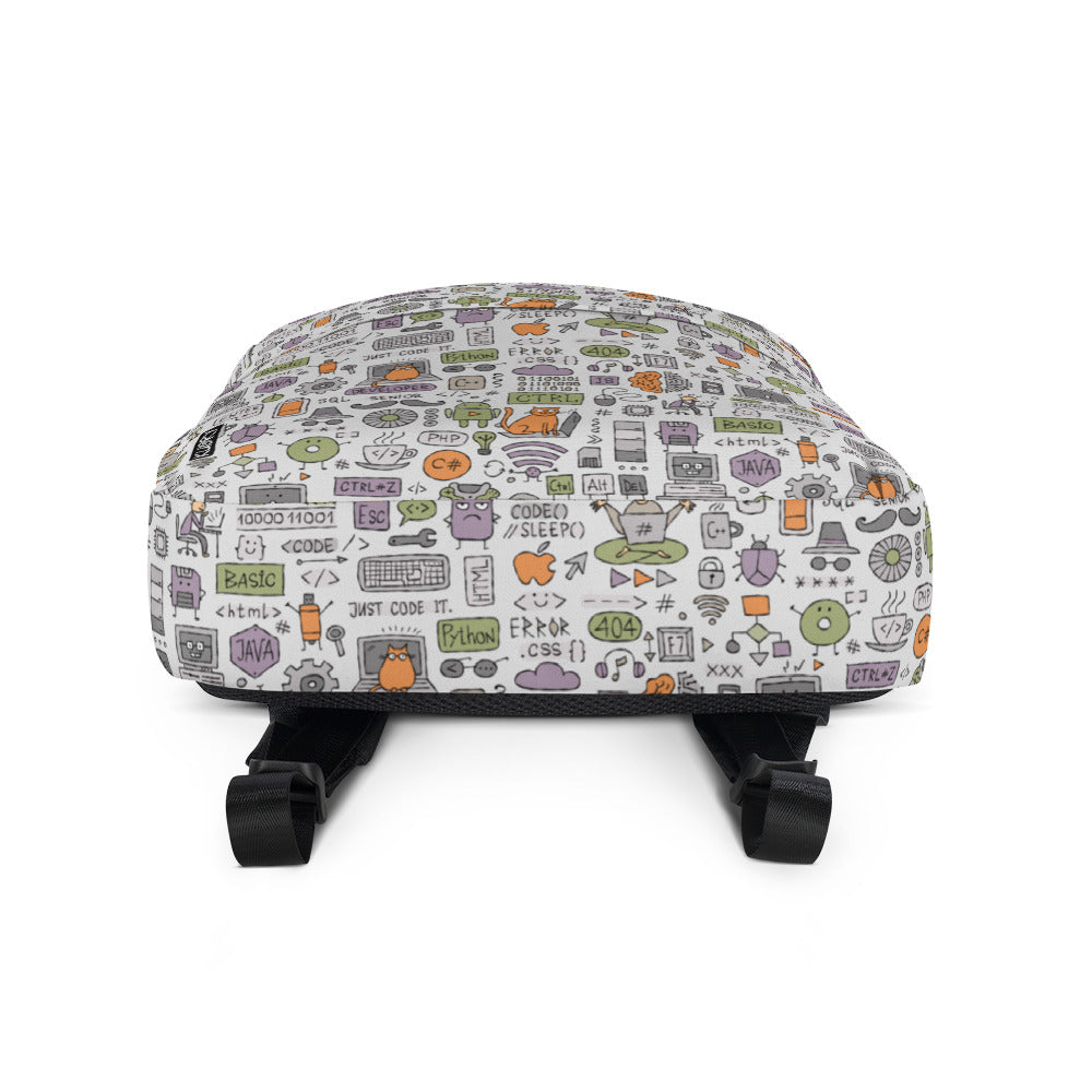 Персонализированный рюкзак, принт программиста. Основной текст: "Ешь. Спи. Кодируй. Повторяй"