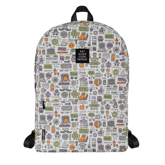 Personalised Backpack, Programmer designer print. Basic text: "Eat. Sleep. Code. Repeat"