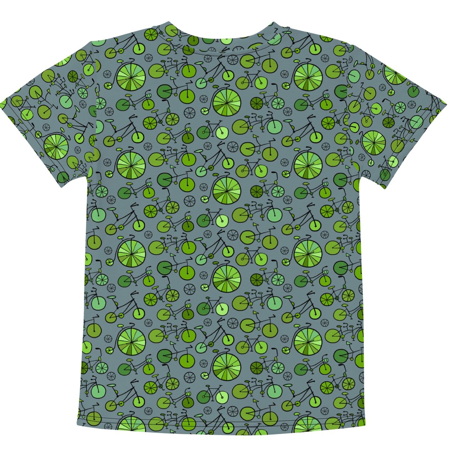 Kids crew neck t-shirt with green bicycles collection on grey and personalised text (basic text - Cyclogist). Back side