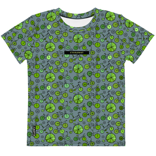 Kids crew neck t-shirt with green bicycles collection on grey and personalised text (basic text - Cyclogist)