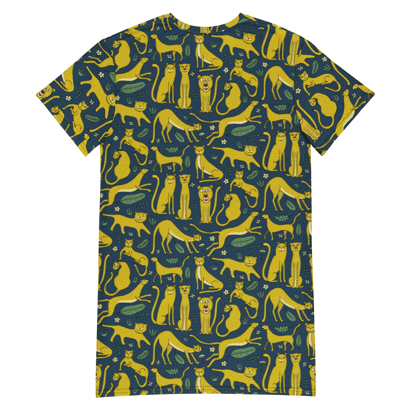 T-shirt dress dark blue color with funny yellow Leopards. Personalised text - Stay Wild. Back side