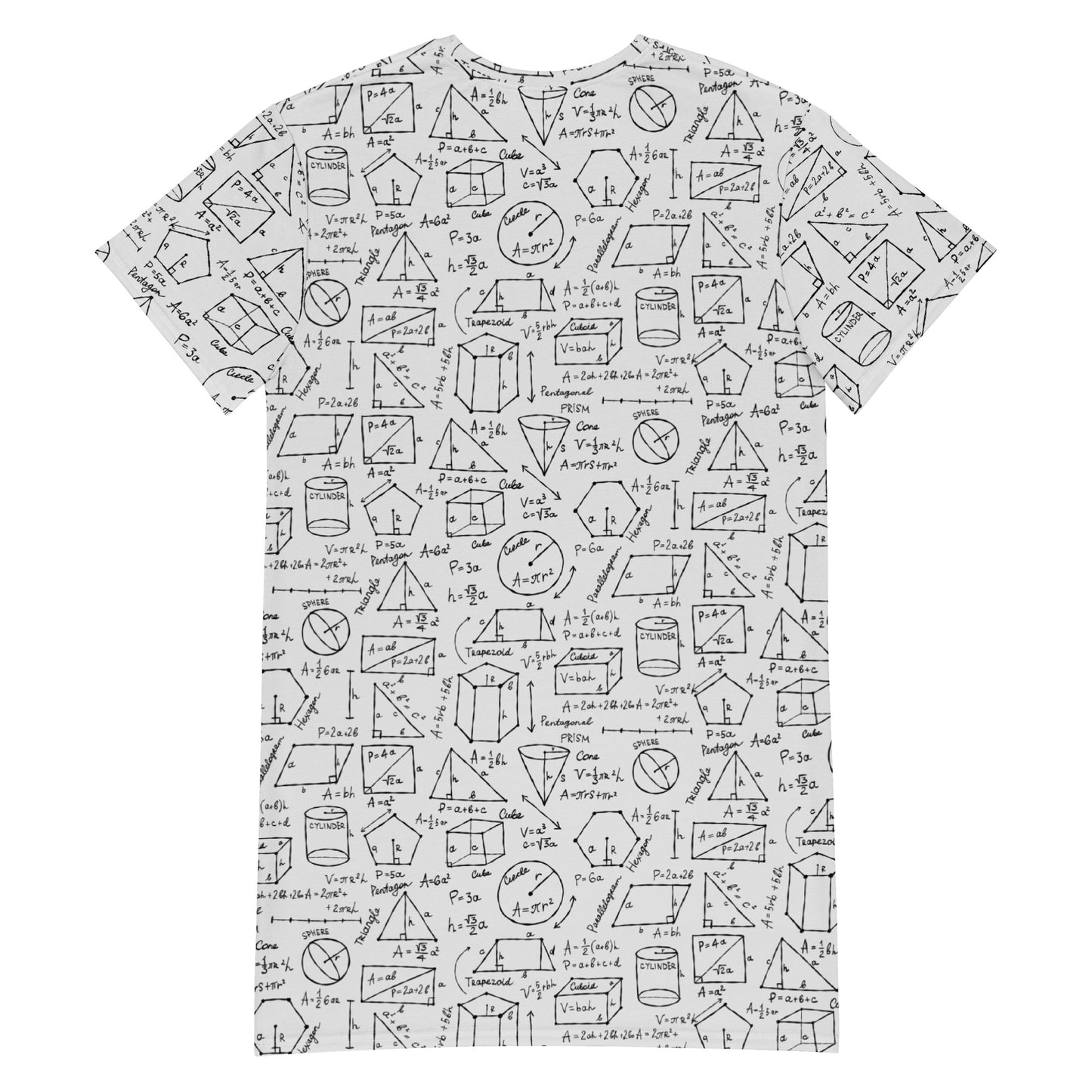 Personalised T-shirt dress light grey with Geometry Formulas. Basic text on dress - Geometry keeps you in shape. Back side