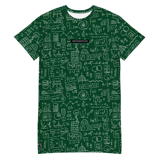 Personalised T-shirt dress with Math Formulas on dark green. Basic text on dress - Mathematician.