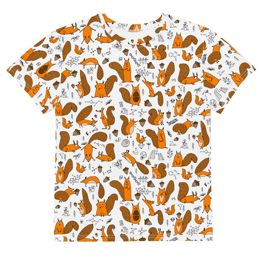 Funny Science Squirrels. White youth kids crew neck t-shirt all over print