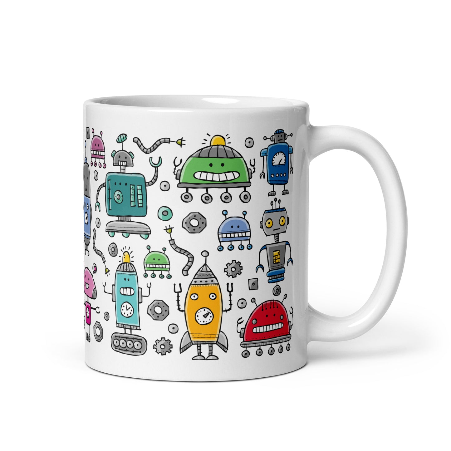 A white ceramic 11oz mug with a collection of colorful and comical robots, perfect for adding joy and laughter to your morning routine