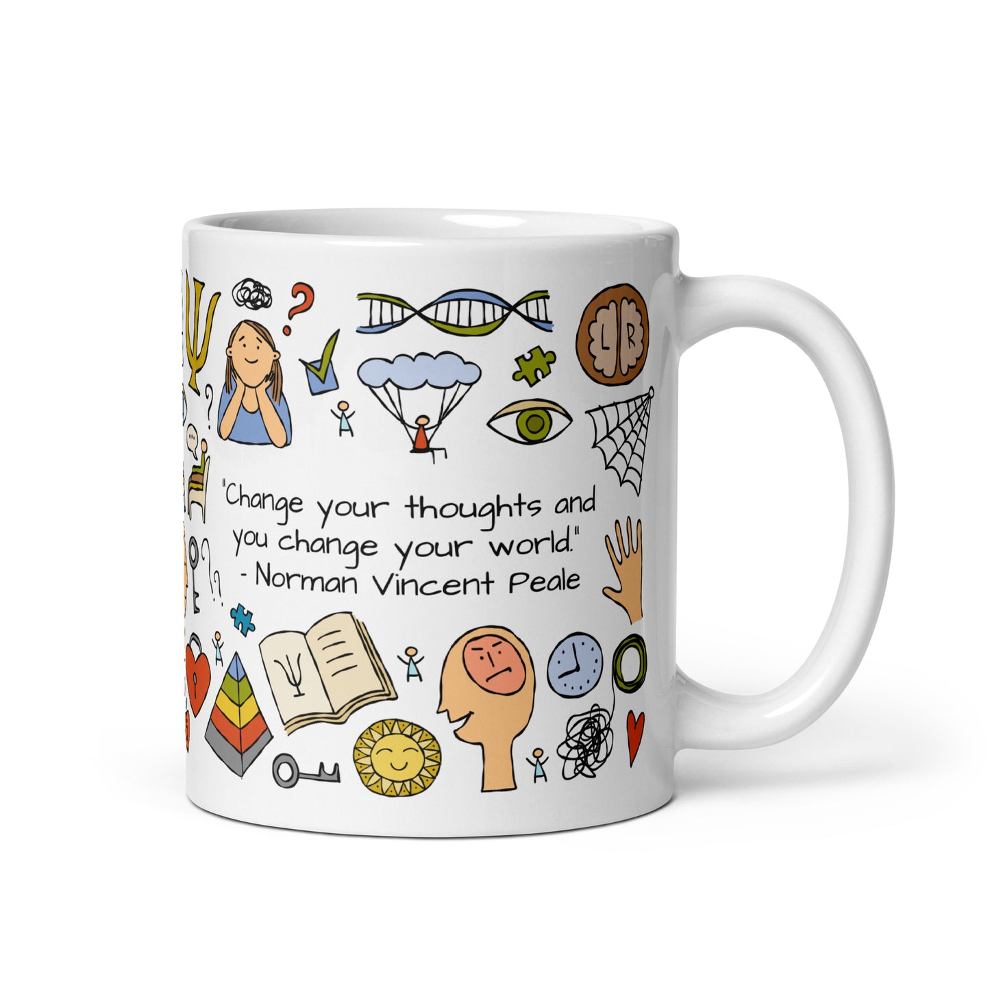 Personalized funny Psychology concept art mug 11oz with the quote "Change your thoughts and you change your world" by Norman Vincent Peale.