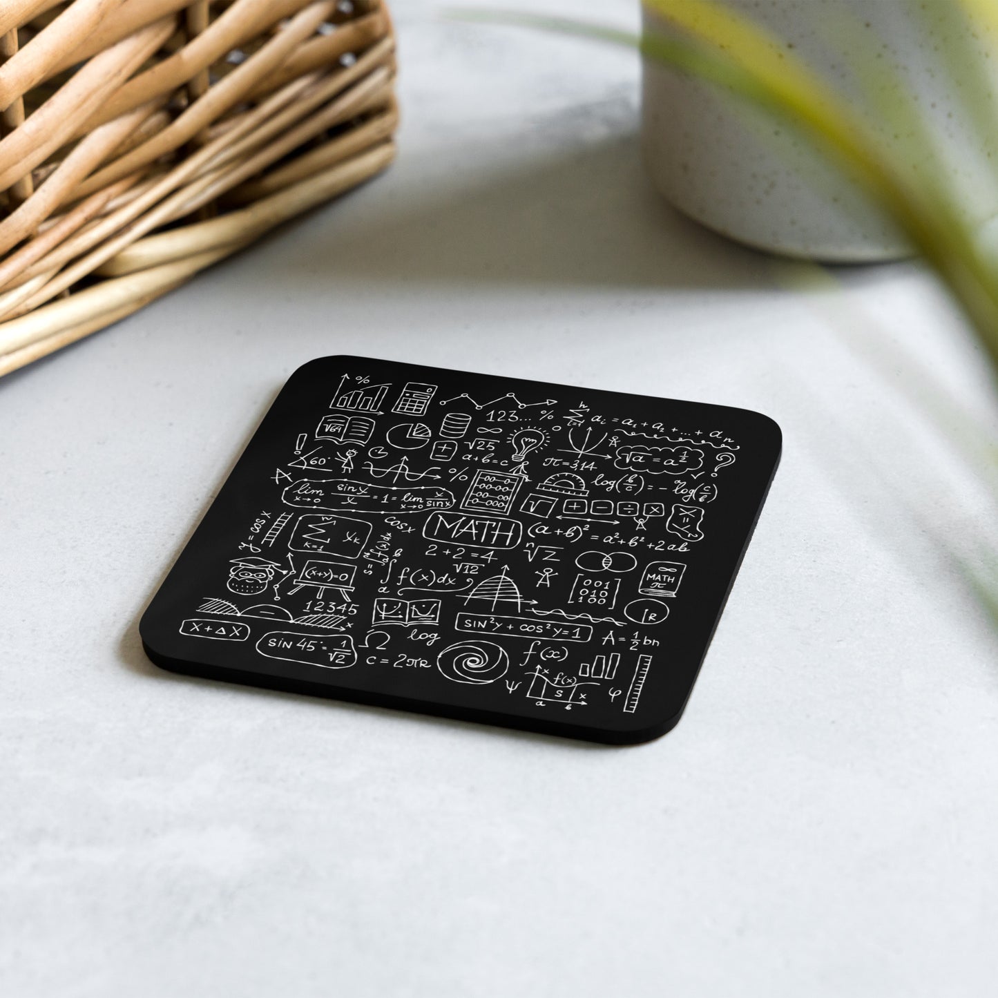 Stylish black Cork-Back Coaster with Math Print kudrylab
