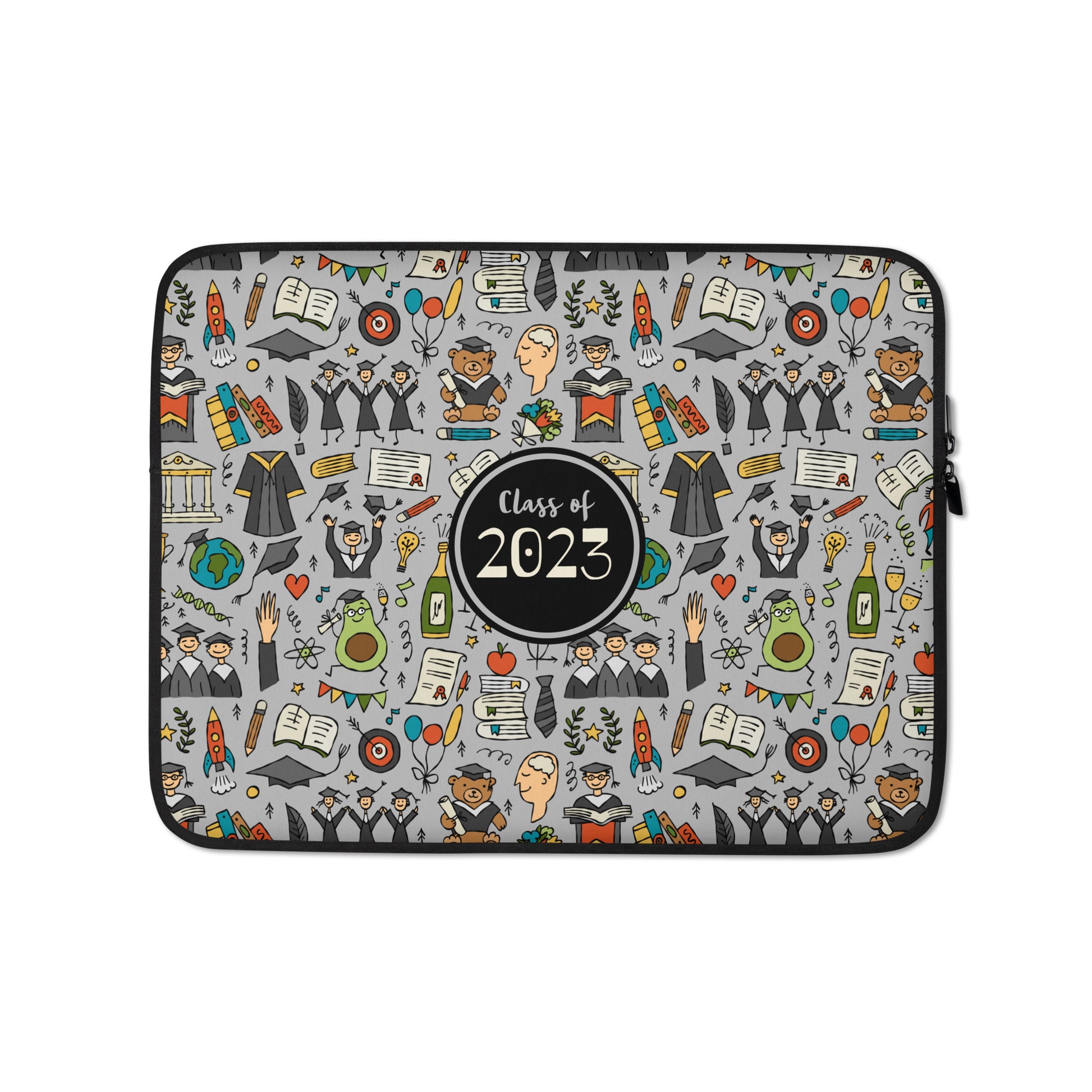 Personalized graduation laptop sleeve 13" dark grey color with funny designer print featuring graduates in hats and mantles, school-themed motifs, celebration designs, and a graduation teddy bear.