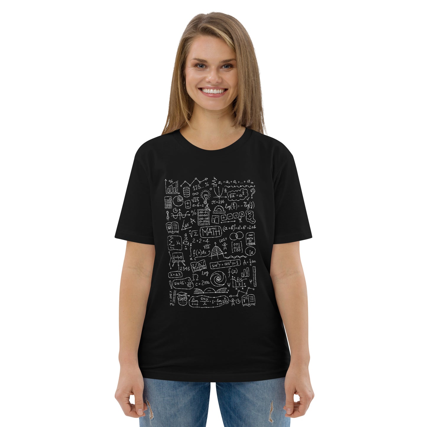 Smiling blondie Woman in Unisex black T-Shirt for Math Enthusiasts. with Hand-Drawn Math formulas and symbols.
