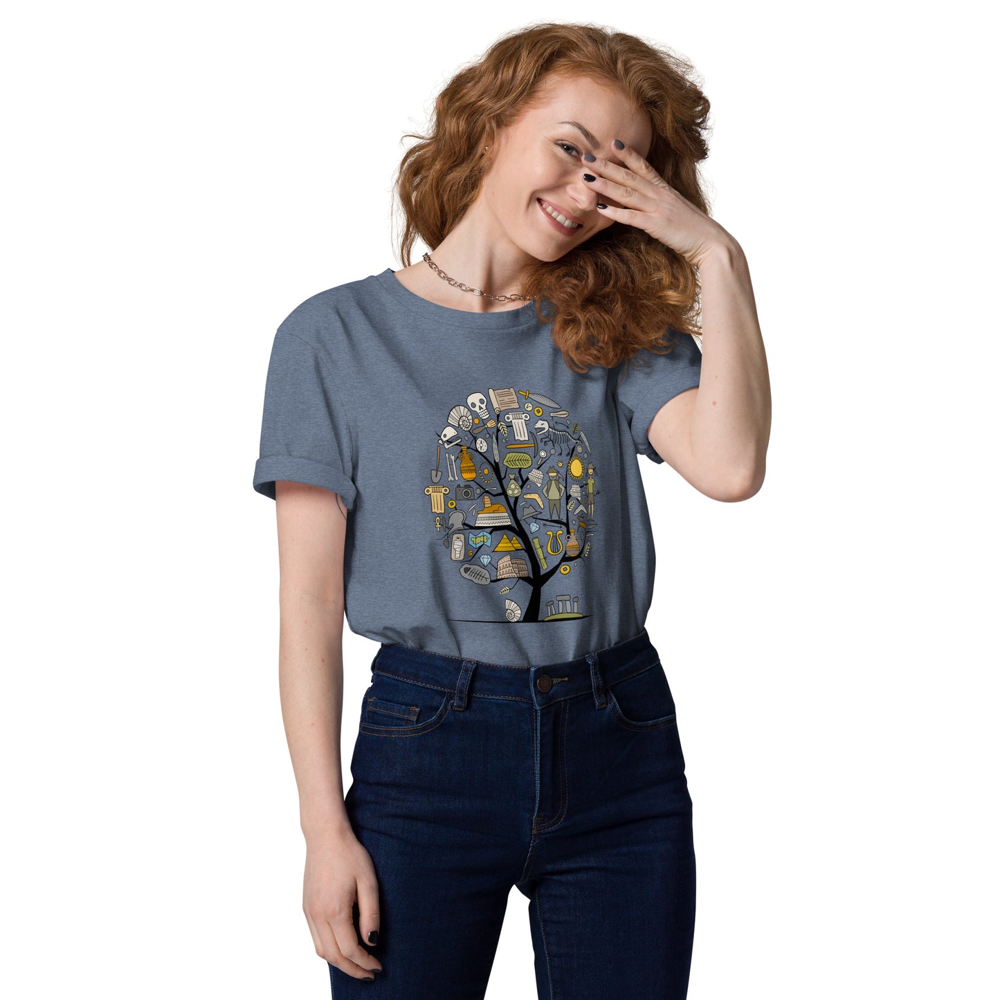 Pretty woman in unisex organic cotton dark blue t-shirt with Archeology designer print - concept art tree. Kudry