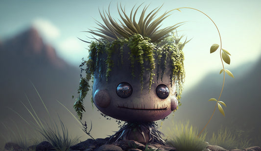 Positive thinking. Concept art. Cute character with green grass on head