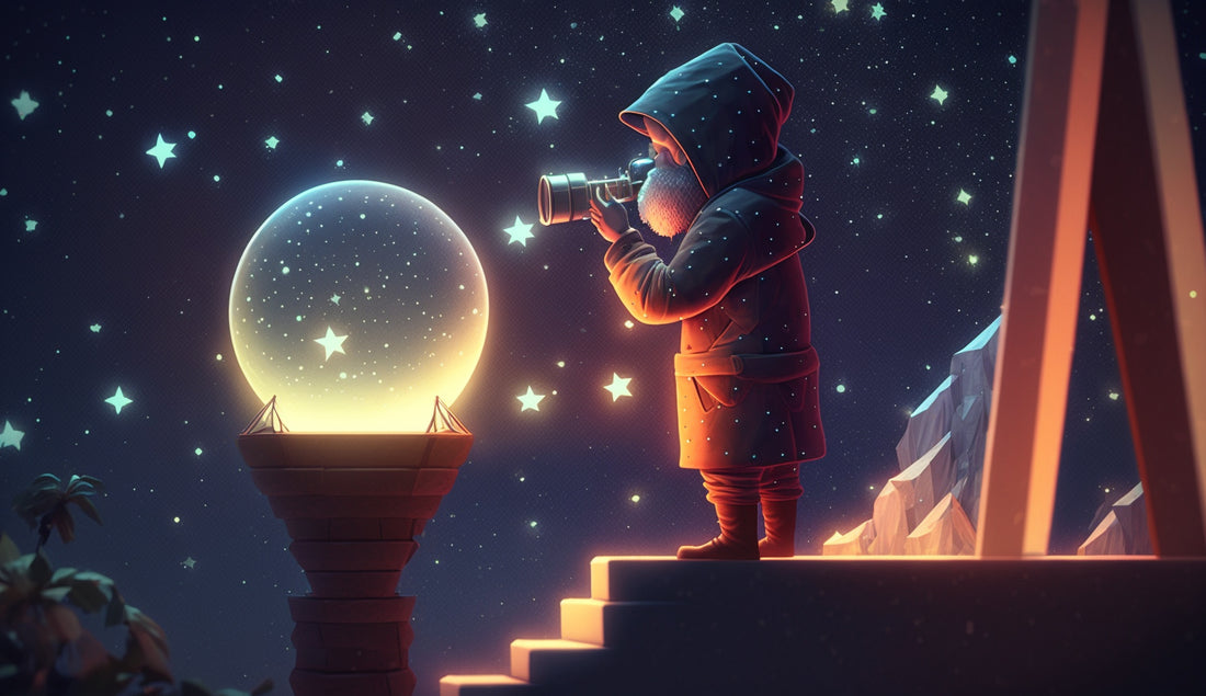 Man looks through telescope at the starry sky at night
