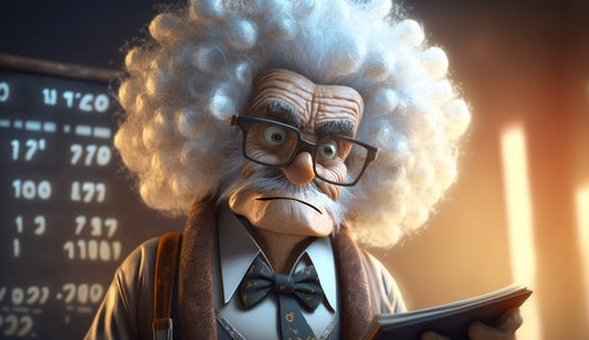 Funny math professor character with glasses, book and white curly hair 