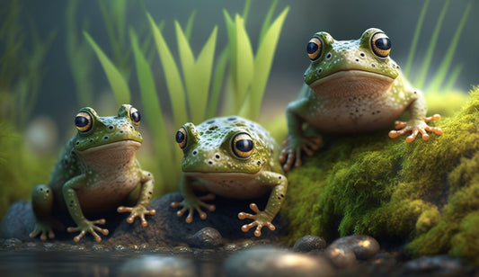 Three funny and cute green frogs are sitting on the pond waiting for mosquitoes