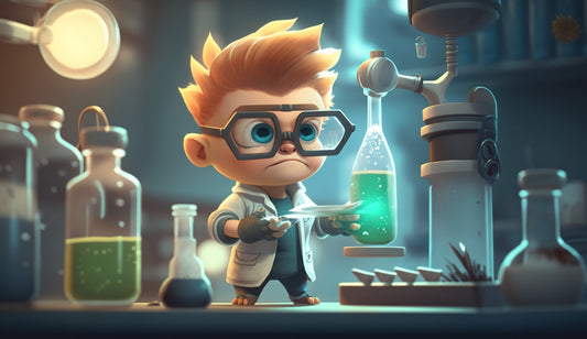 Geneticist in laboratory conducts experiments, cheerful character