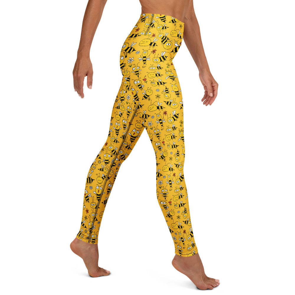 Yoga leggings with bees pattern, stretchy activewear