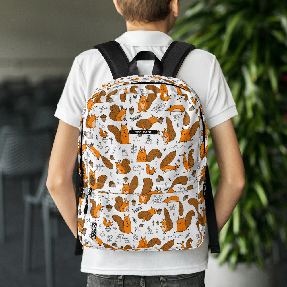Schoolboy with personalised Backpack with funny science Squirrels