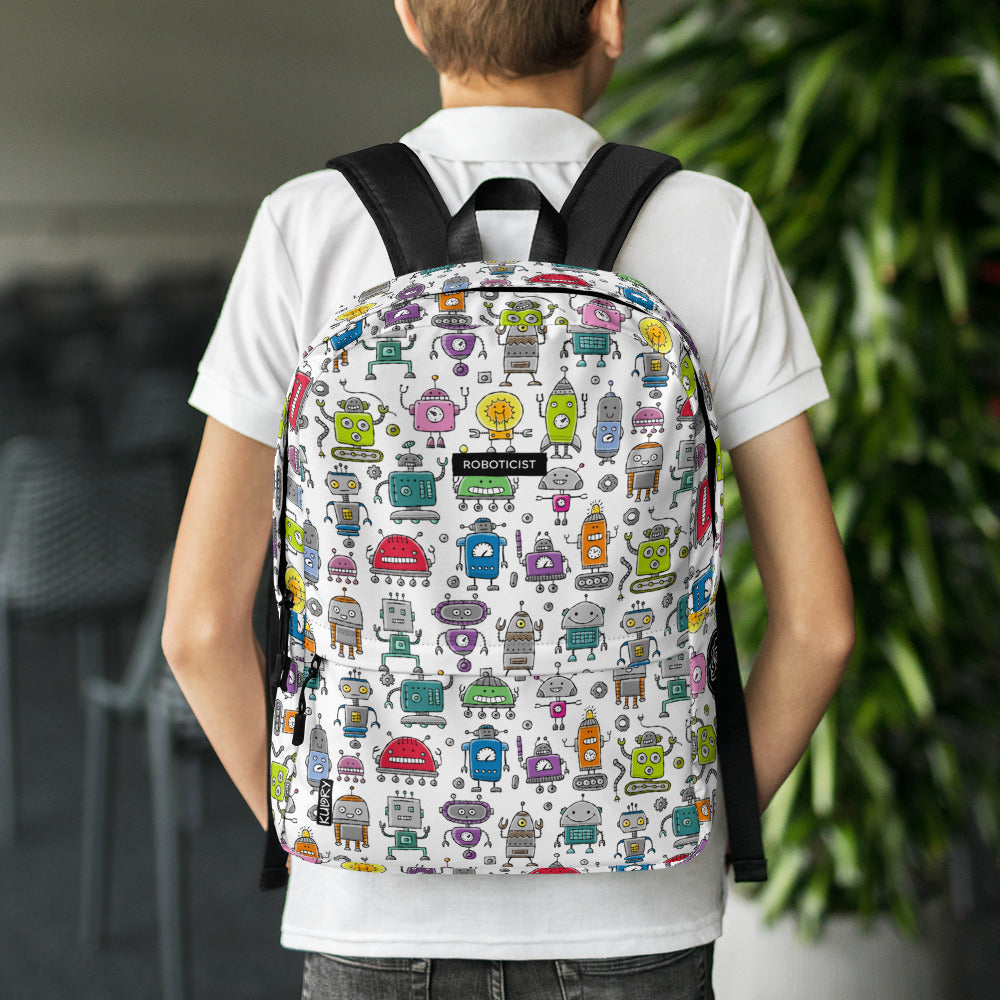 Schoolboy with Personalised Backpack with funny Robots and basic text - Roboticist