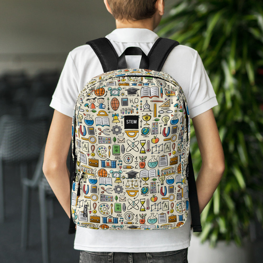 Boy with Personalised School Backpack, STEM-themed, stylish designer print
