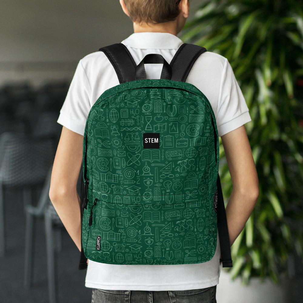 Boy with Personalised School Backpack dark green color,  STEM-themed, stylish designer print 