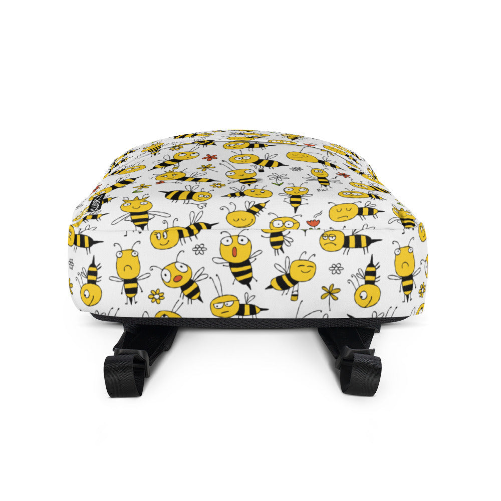 Boy with personalised Backpack with funny bees on white. Basic text you can change - Beekeeper. Bottom side