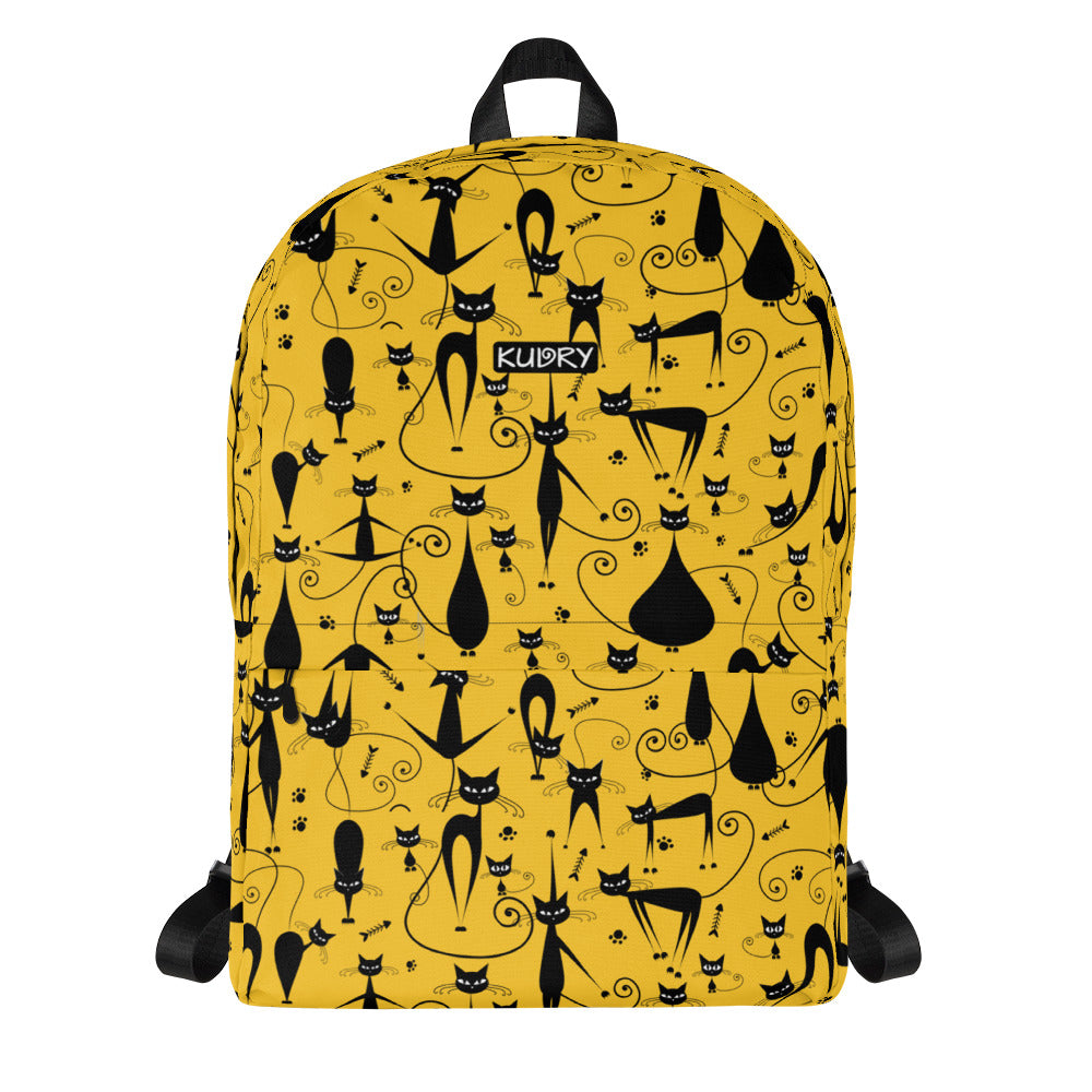 Yellow backpack with cool black cats family isolated on white.