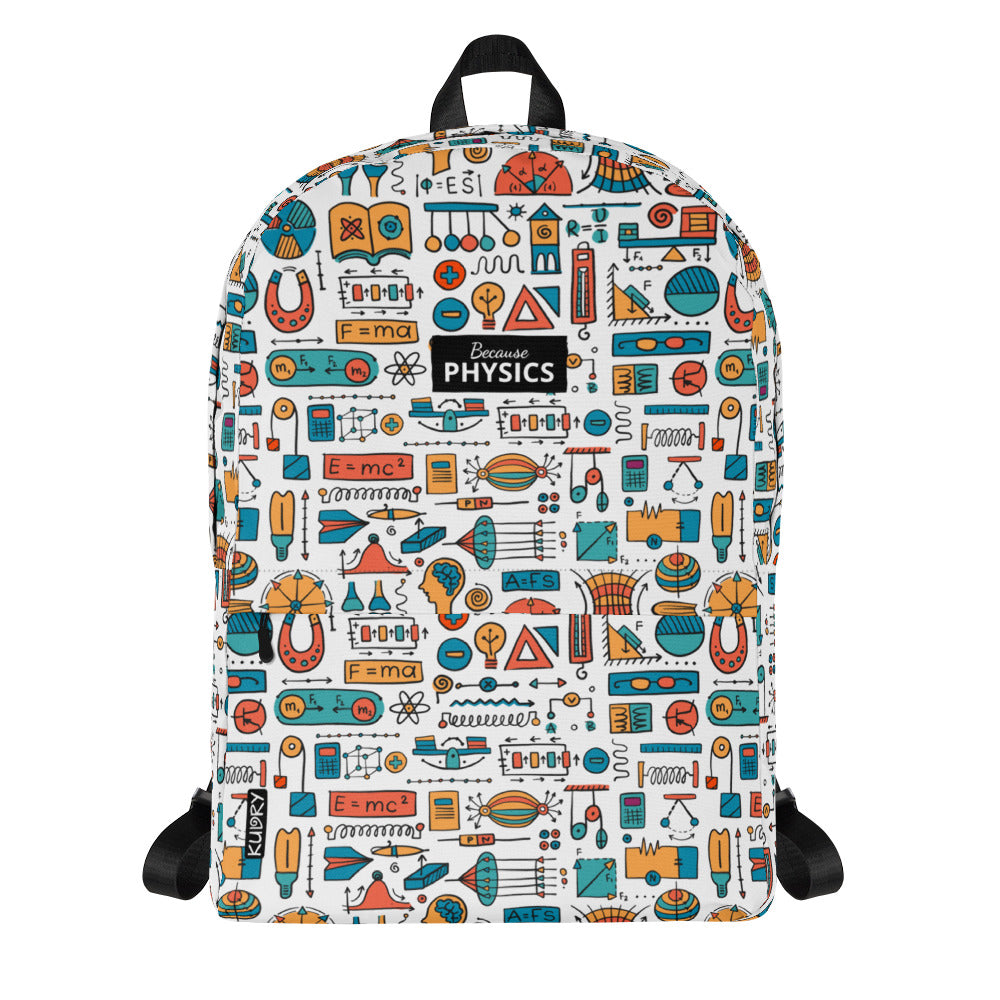 Backpack Physics-themed with stylish designer print on white and personalised example text, which you can change -  "Because Physics"