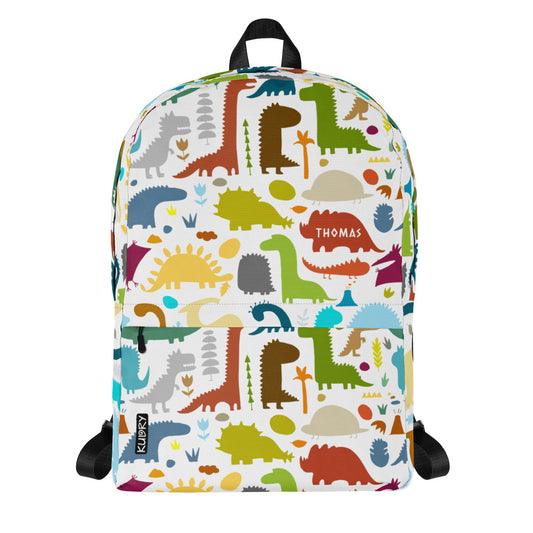 Paleontology Backpack white with colorful Dinosaurs designer print and personalised text