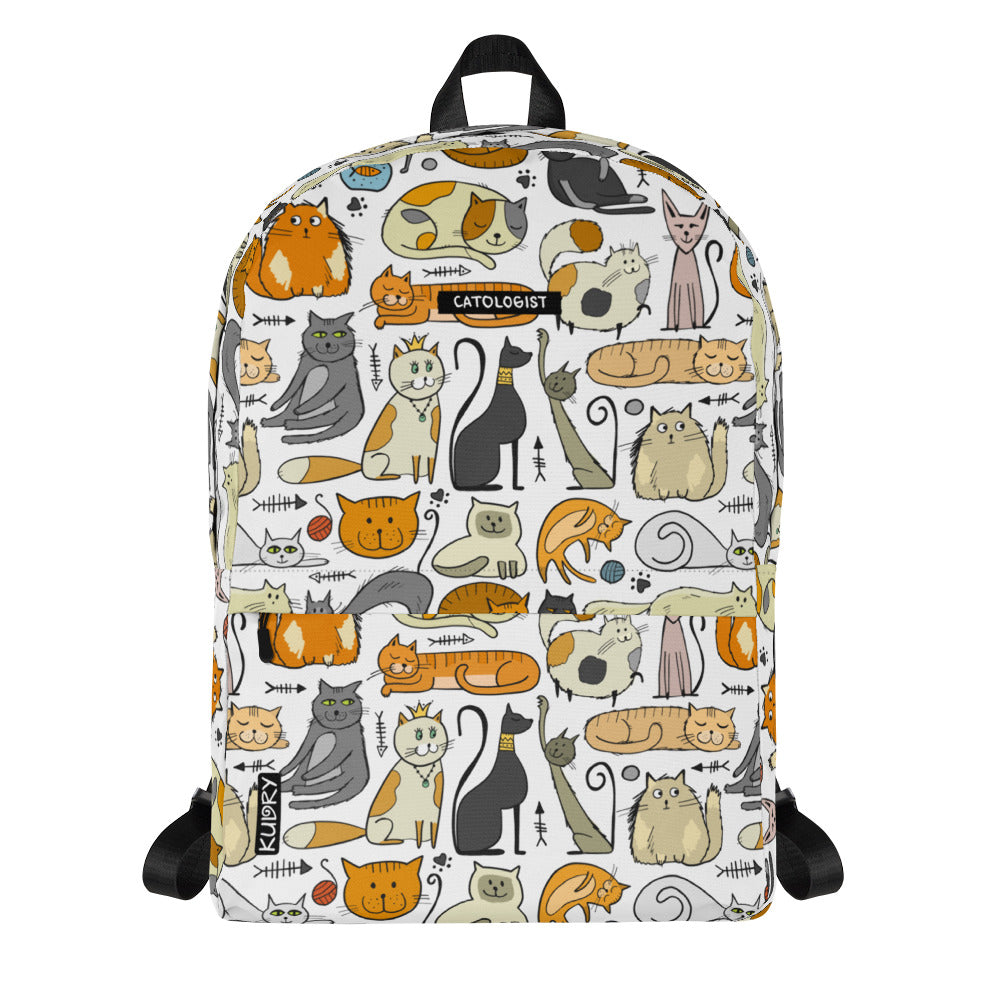 Personalised white Backpack with funny designer print - Cats of different breeds. Sample text on backpack -Catologist