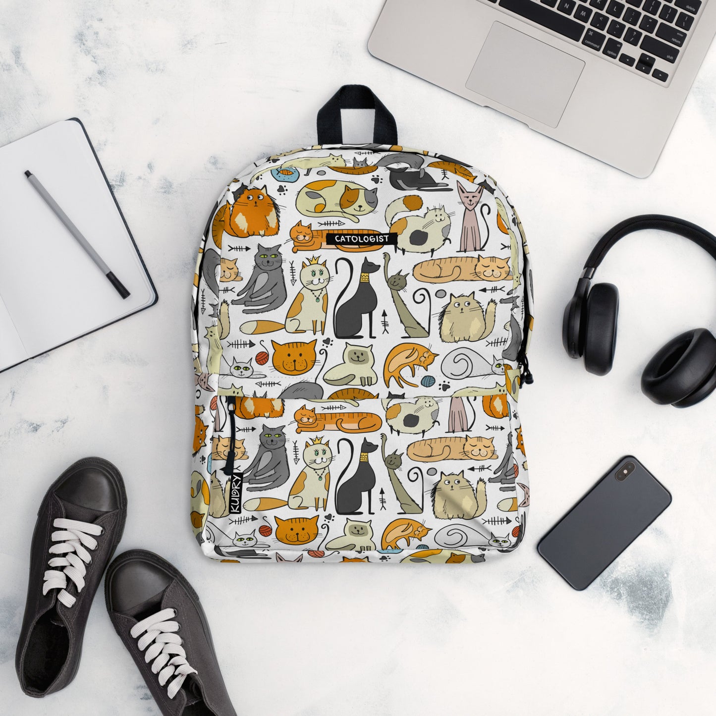 Personalised white Backpack with funny designer print - Cats of different breeds. Sample text on backpack -Catologist