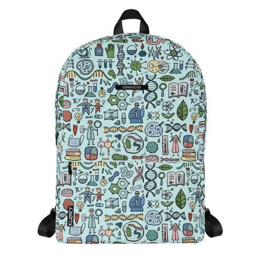Personalised Backpack with Genetic, Biology, Chemistry design elements on light blue color