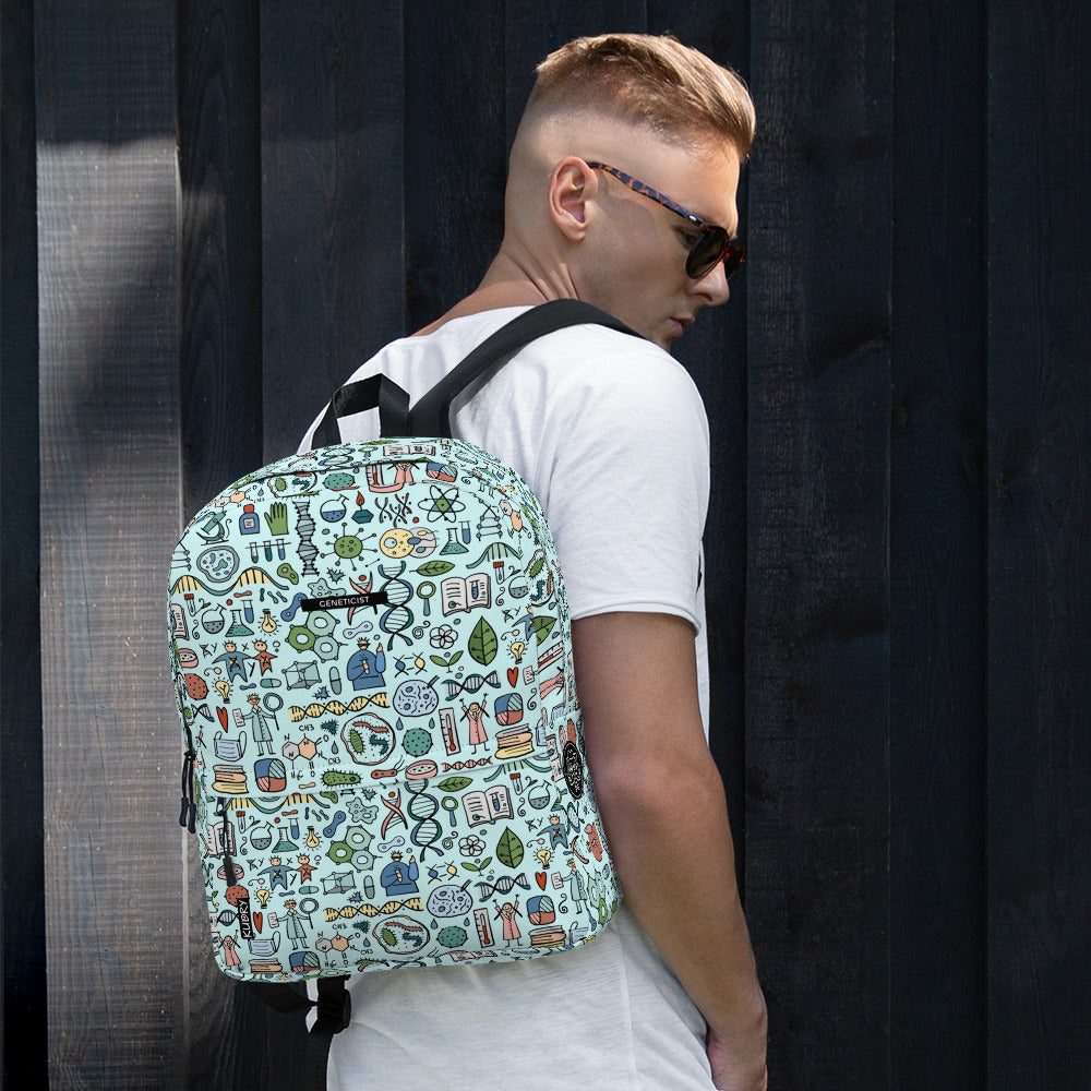 Man with Personalised Backpack with Genetic, Biology, Chemistry design elements