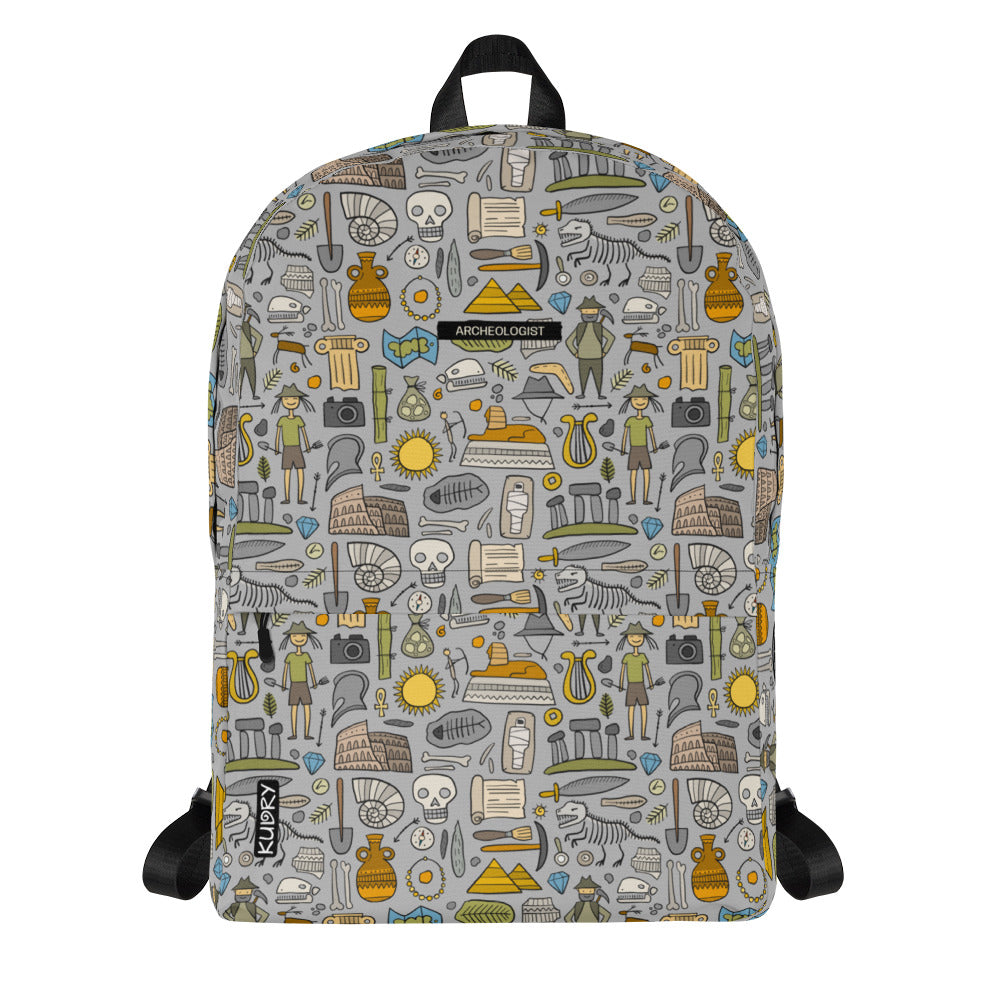 Personalised Backpack for Archeology lover, stylish designer print on grey. Basic text you can change - Archeologist