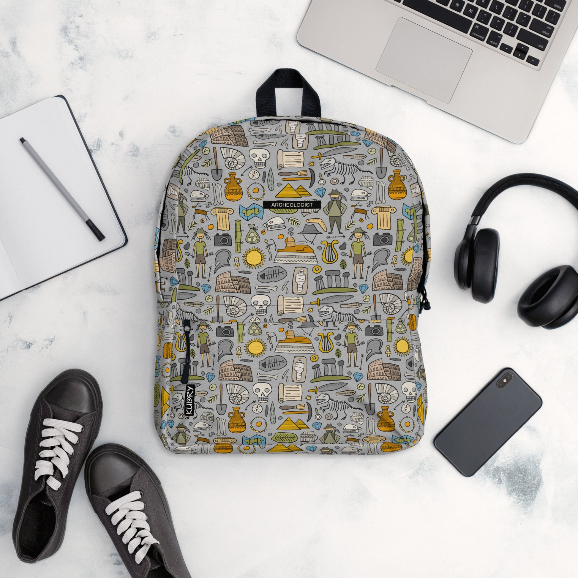 Personalised Backpack for Archeology lover, stylish designer print on grey. Basic text you can change - Archeologist