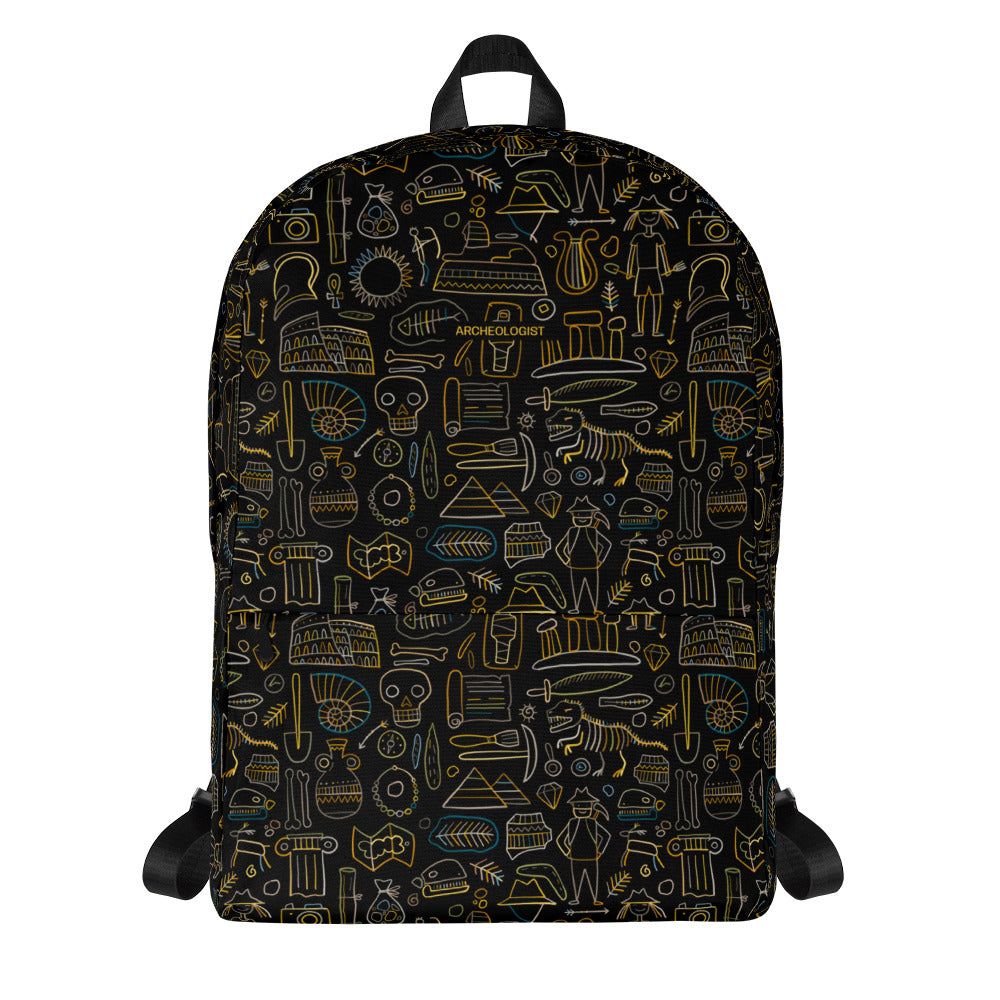 Personalised Backpack for Archeology lover, stylish designer print on black. Basic text you can change - Archeologist