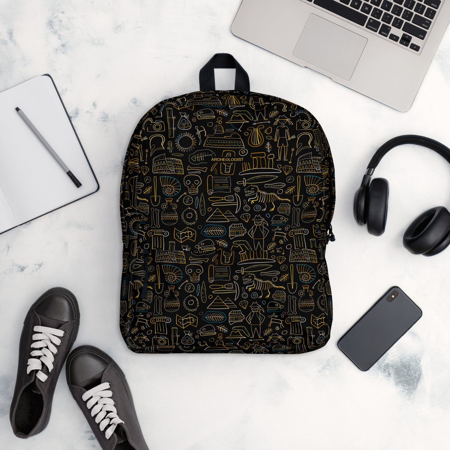 Personalised Backpack for Archeology lover, stylish designer print on black. Basic text you can change - Archeologist