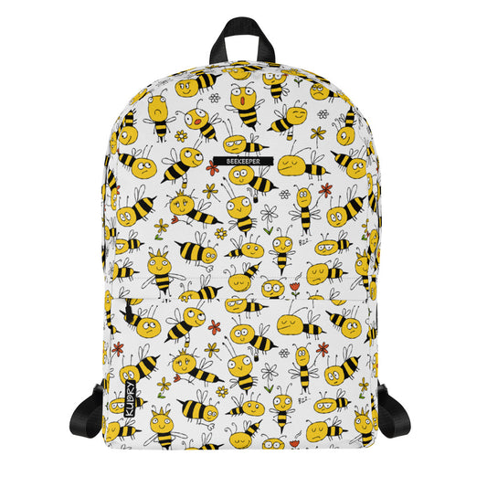 Personalised Backpack with funny bees on white. Basic text you can change - Beekeeper