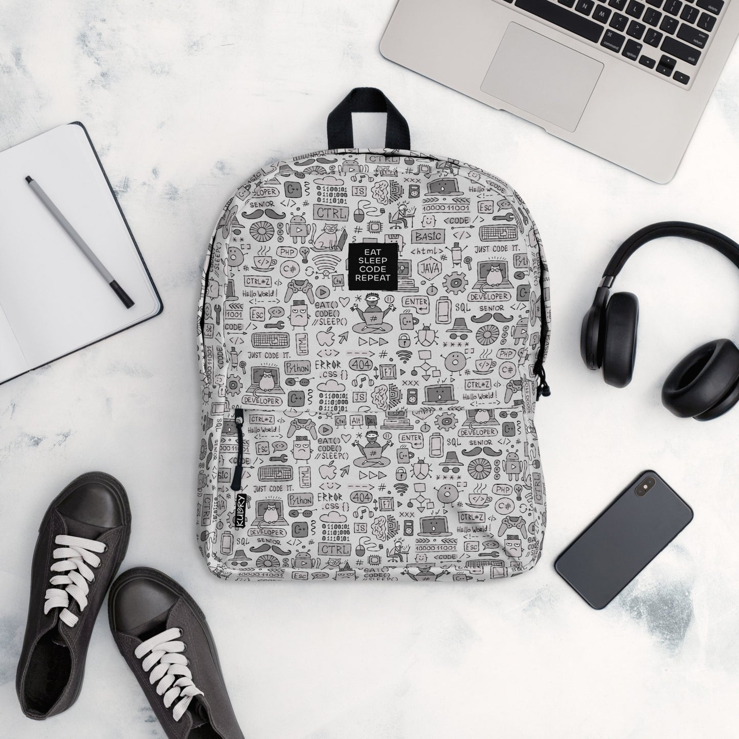 Personalised Backpack, Programmer designer print. Basic text: "Eat. Sleep. Code. Repeat"