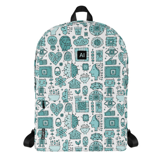 Personalised Backpack AI, turquoise color on white, Artificial Intelligent themed, stylish designer print