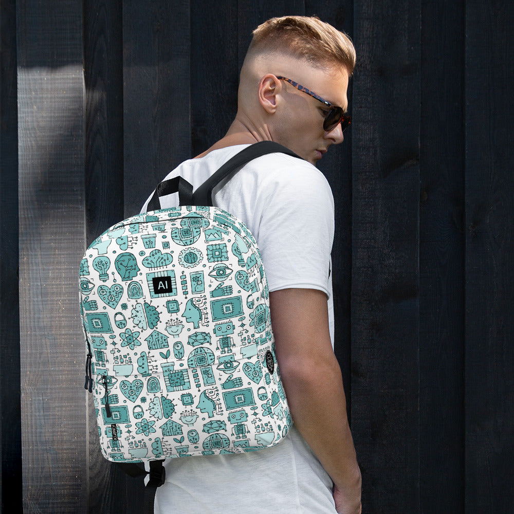 Man with Personalised Backpack AI, turquoise color on white, Artificial Intelligent themed, stylish designer print
