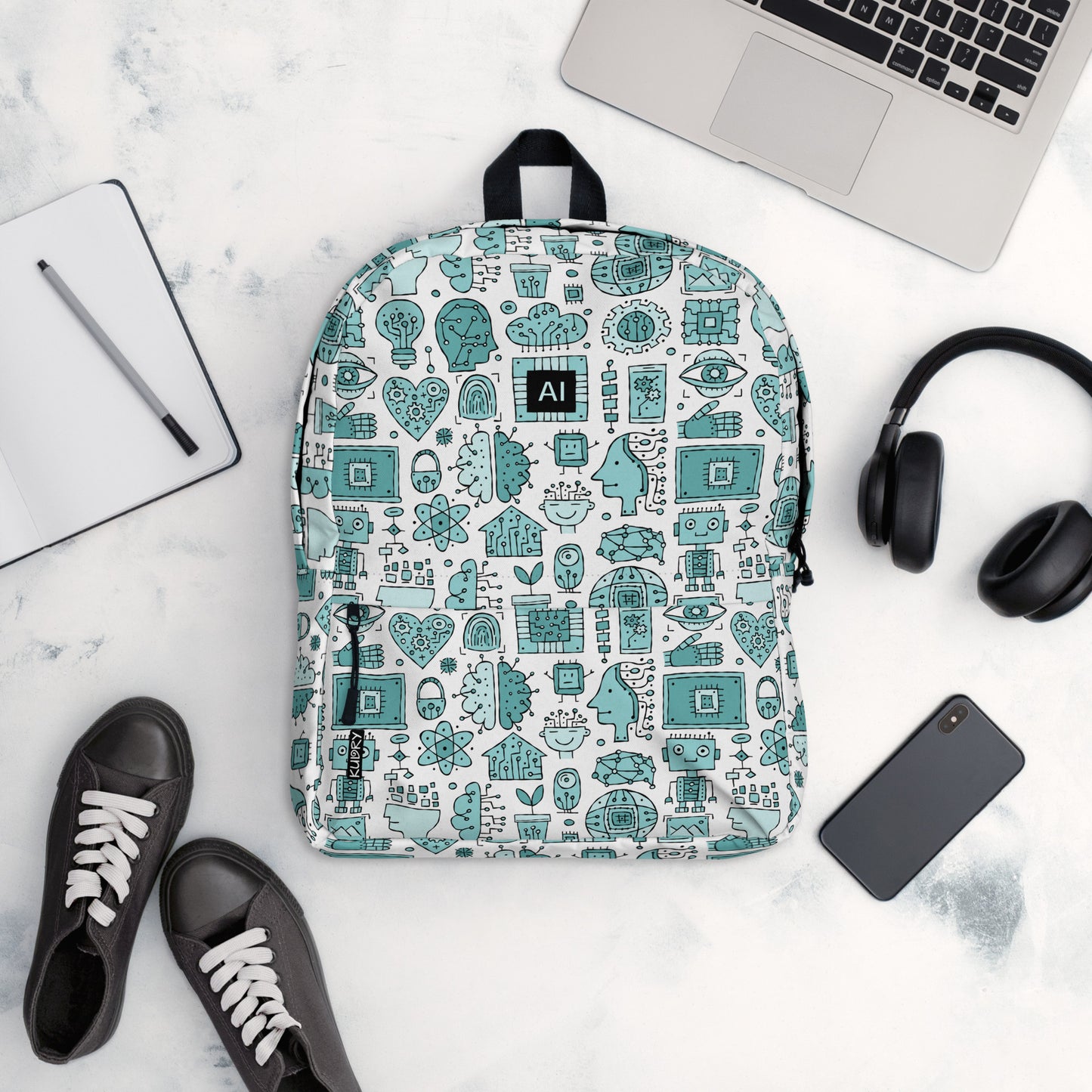 Personalised Backpack AI, turquoise color on white, Artificial Intelligent themed, stylish designer print