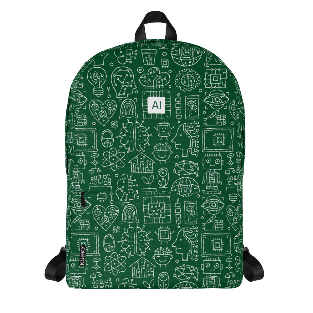 Personalised Backpack AI, dark green color, Artificial Intelligent themed, stylish designer print