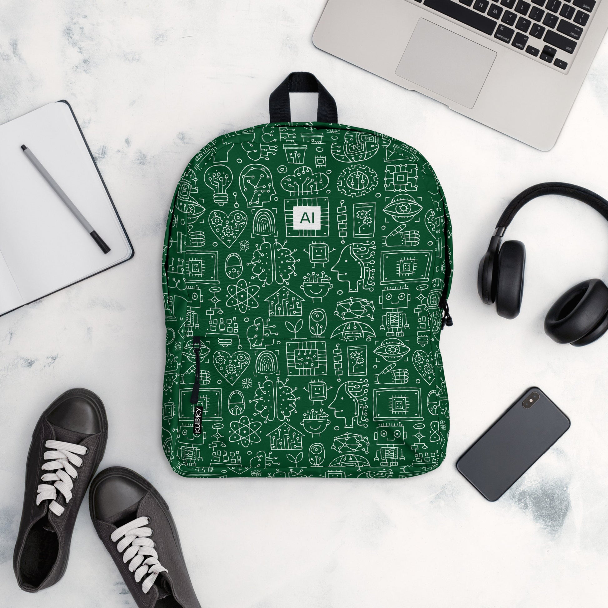 Personalised Backpack AI, dark green color, Artificial Intelligent themed, stylish designer print