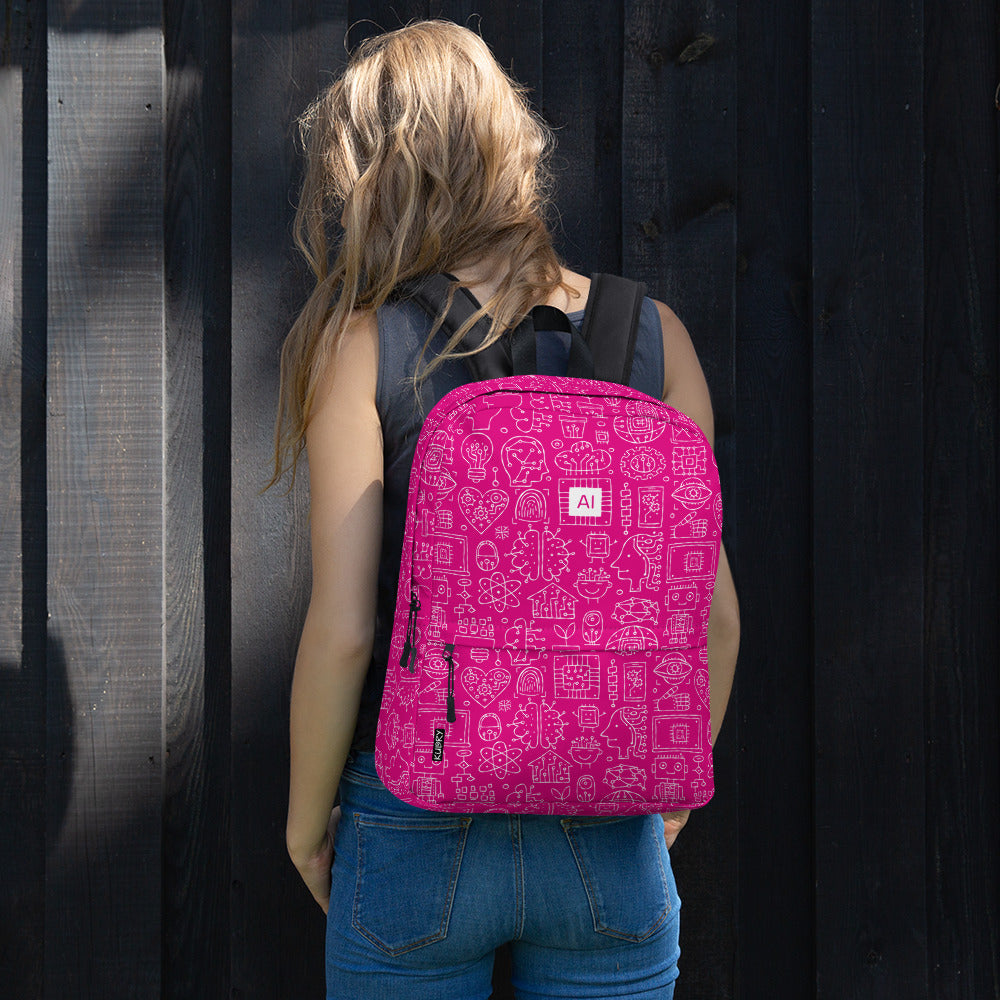 Woman with Personalised Backpack AI, pink color, Artificial Intelligent themed, stylish designer print