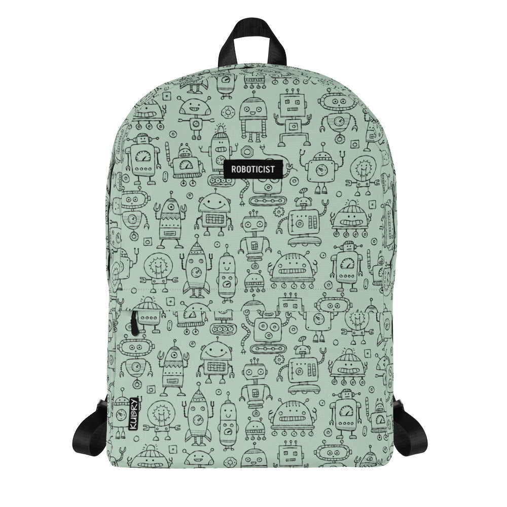 Personalised Backpack light green color with funny Robots and basic text - Roboticist