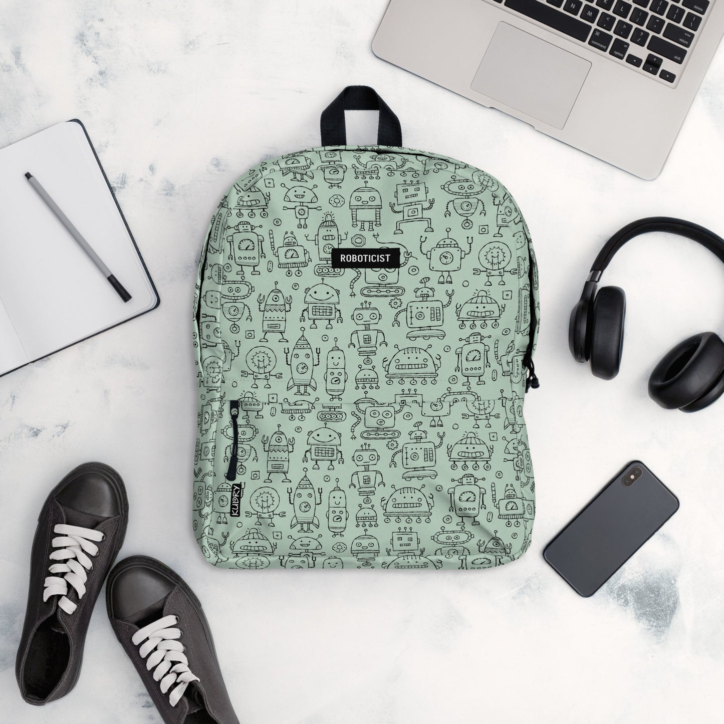 Personalised Backpack light green color with funny Robots and basic text - Roboticist