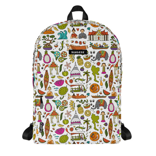 Personalised Backpack for travelers with bright designer print Thailand. Basic text you can change - Bangkok