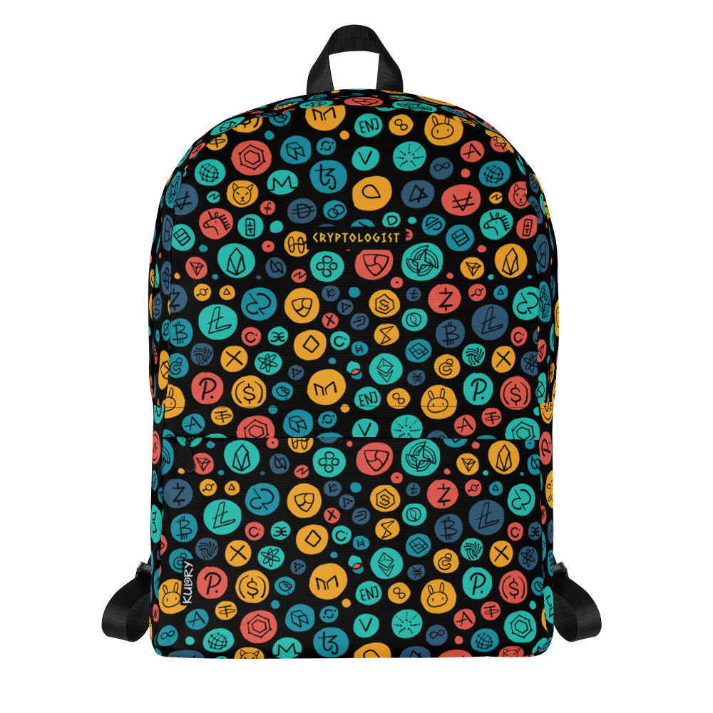 Personalised Cryptocurrency Backpack, designer print with Bitcoin and Altcoins.
