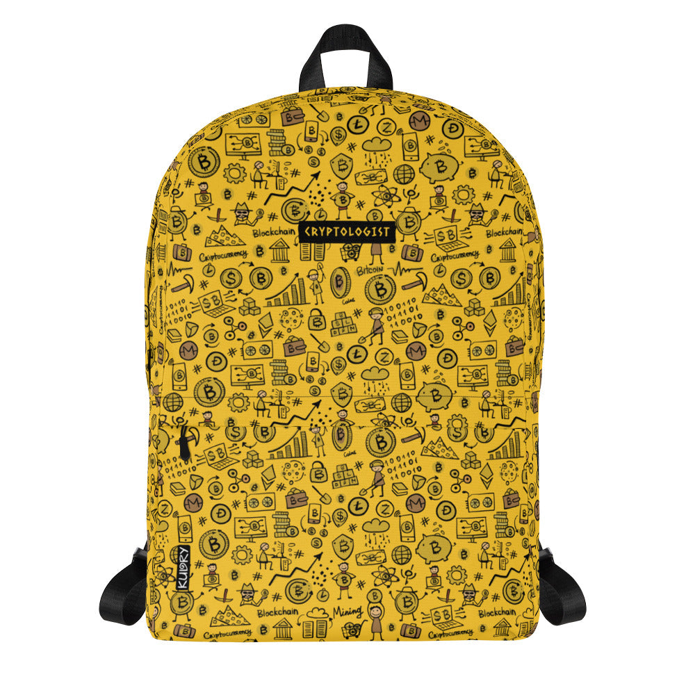 Personalised Cryptocurrency Backpack yellow color, funny designer print with mining Bitcoins concept art
