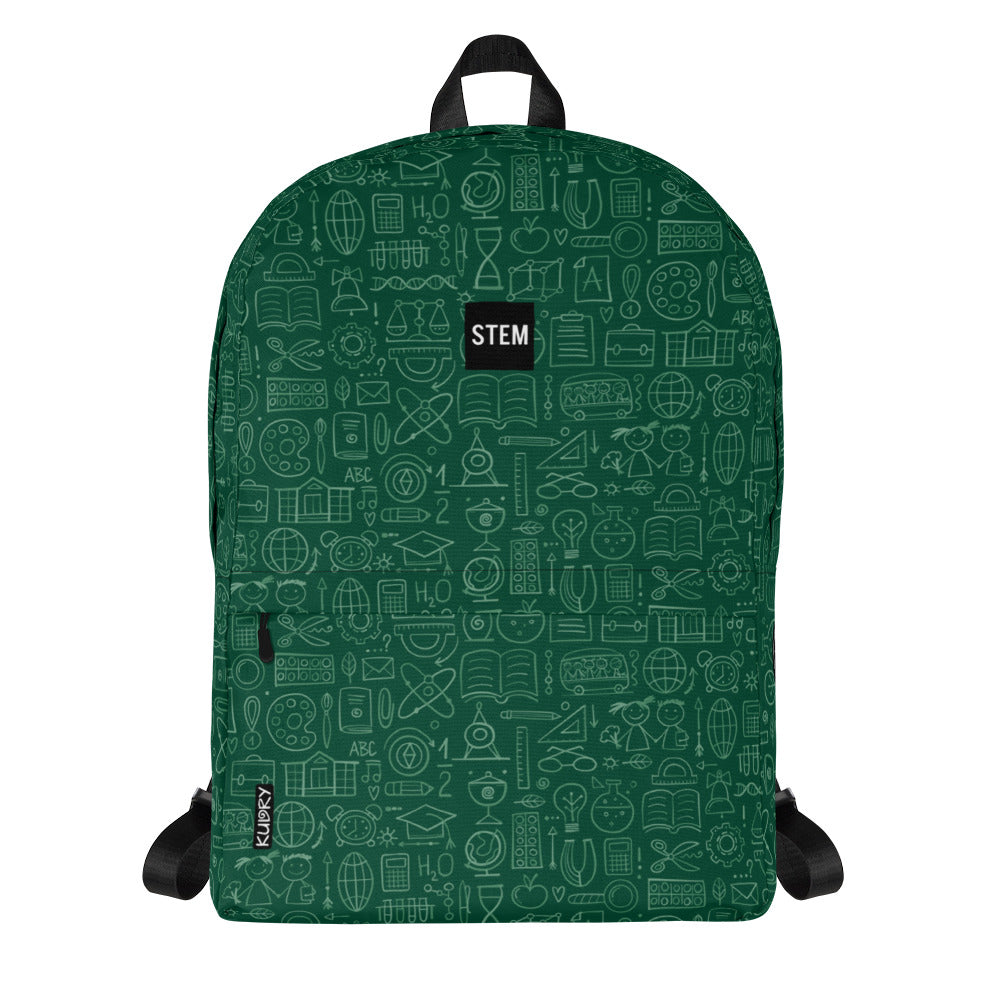 Personalised School Backpack, dark green color,  STEM-themed, stylish designer print